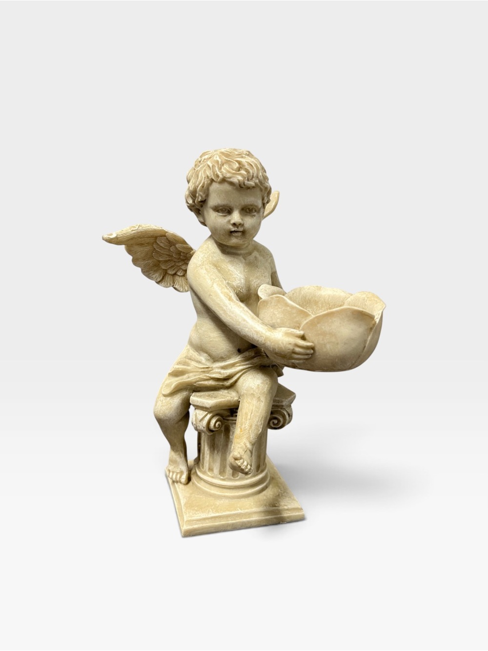 Vintage Antiqued Cherub w Fountain Figurine Sculpture Resin Vanity Angel 7”